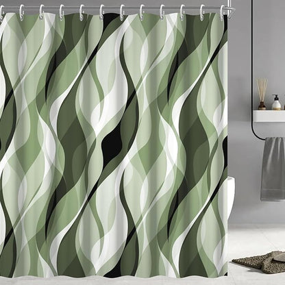 Sage Green Shower Curtain, Abstract Ombre Green and Grey Striped Shower Curtain Set for Bathroom Waterproof Polyester Shower Curtain with Hooks, 72x78 Inch