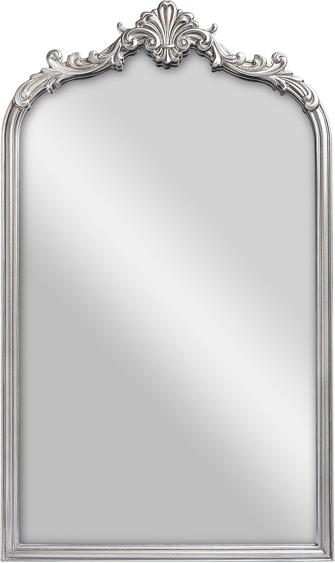 English Estate Carved Arch Wood Wall Mirror, Mirror for Entryway, Living Room, Bathroom, Antique Silver, 20.4x33