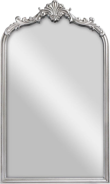 English Estate Carved Arch Wood Wall Mirror, Mirror for Entryway, Living Room, Bathroom, Antique Silver, 20.4x33