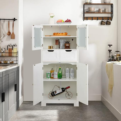 GIANTEX Floor Storage Cabinet, Freestanding Bathroom Cabinet with 2 Glass Doors, 2 Drawers & Adjustable Shelves, Multifunctional 50.5” Tall Storage Organizer Cupboard for Kitchen Living Room, White