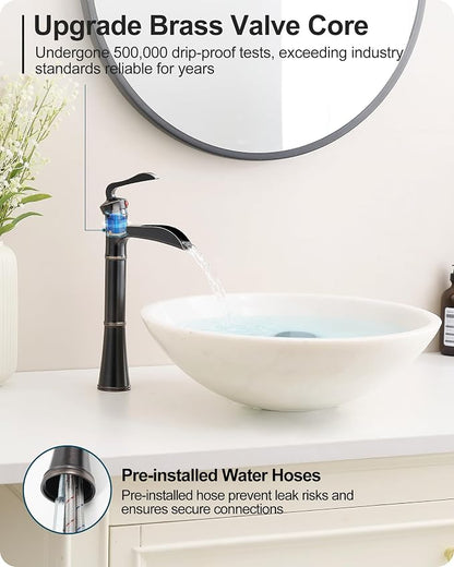 Tall Vessel Sink Faucet, Oil Rubbed Bronze Bathroom Faucet Waterfall Bathroom Faucets One Hole, Brass Bathroom Sink Faucet Single Handle with Pop-Up Drain & Water Hoses, 5 Mins Install