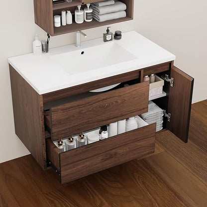 36 Inch Floating Bathroom Vanity Cabinet Only, Wall Mounted Bathroom Cabinet, Large Capacity Storage Vanity – Walnut Finish, with 2 Drawers & Door Storage Compartment, Easy Assembly