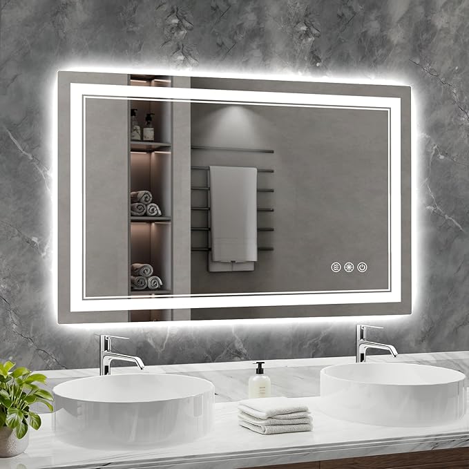 48x32 Inch LED Bathroom Mirror with Lights, 3 Colors Dimmable LED Vanity Mirror, Front and Back Lit, Anti-Fog, Memory Function, Shatterproof Tempered Glass, ETL Listed, Wall Mounted Makeup Mirror