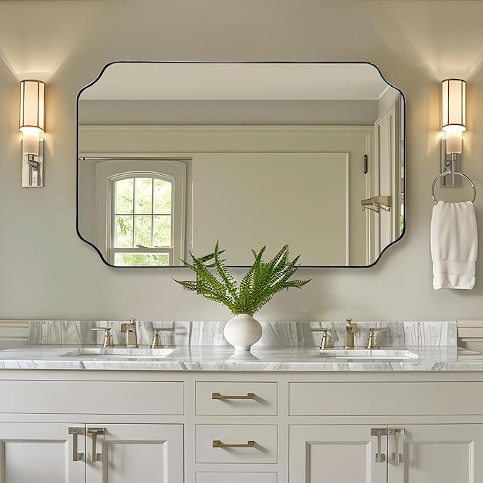 30x48 Inch Brushed Nickel Mirror, Large Silver Rectangle Mirror, Unique Scalloped Edge Design with Anti-Rust Stainless Steel Metal 1’’ Frame, Wall Mounts Vertically or Horizontally