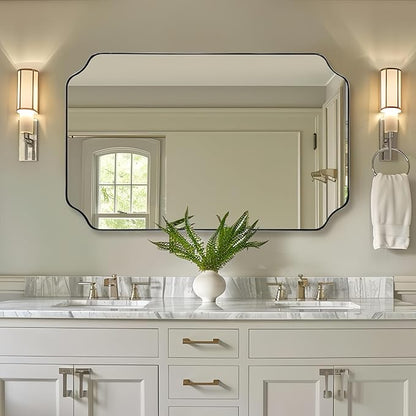30x48 Inch Brushed Nickel Mirror, Large Silver Rectangle Mirror, Unique Scalloped Edge Design with Anti-Rust Stainless Steel Metal 1’’ Frame, Wall Mounts Vertically or Horizontally