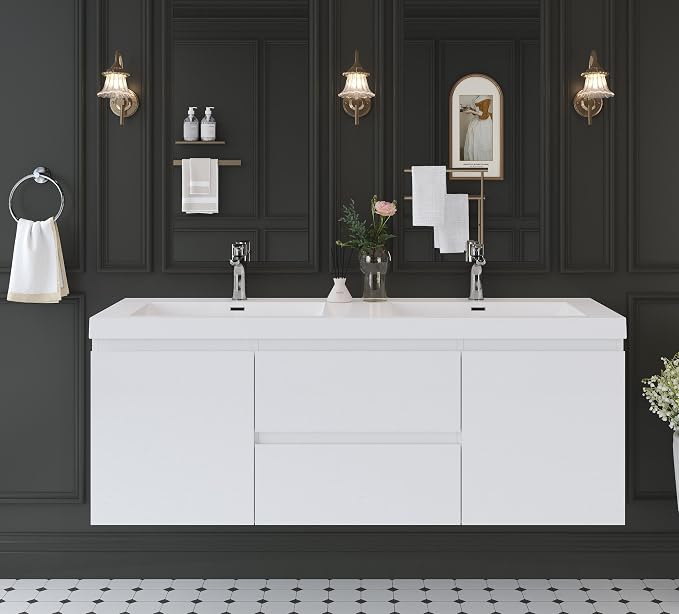 60 Inch Floating Bathroom Vanity with Sink,Glossy White | Storage Cabinet Wall Mounted Cabinet, Double Solid Surface Basin, 4 Soft Close Drawers, Fully Assembled