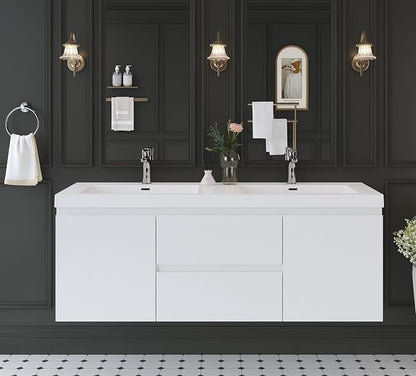 60 Inch Floating Bathroom Vanity with Sink,Glossy White | Storage Cabinet Wall Mounted Cabinet, Double Solid Surface Basin, 4 Soft Close Drawers, Fully Assembled