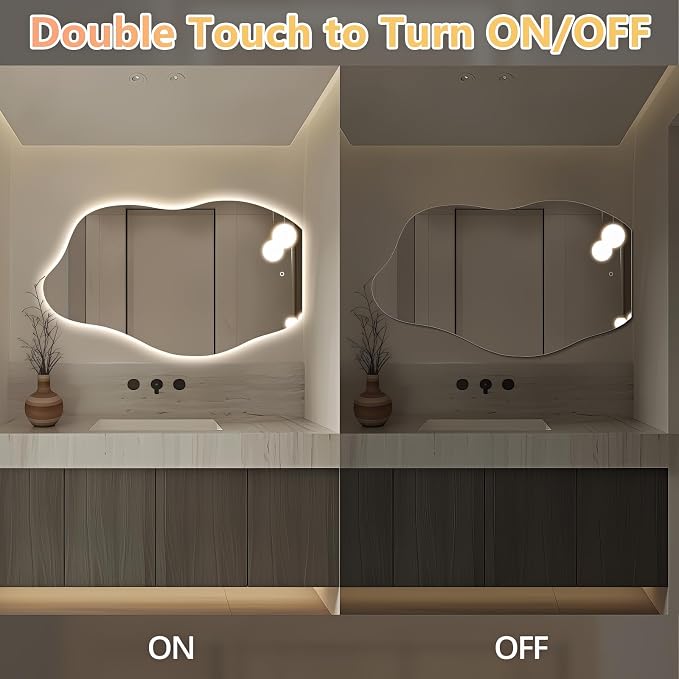 Niccy Irregular LED Bathroom Mirror, Wavy Backlit Wall Mirror, 24"x40" | Frameless Lighted Mirror for Bedroom Living Room, Modern Smart-Mirror with 3 Color Lighting, Anti-Fog, Memory Function