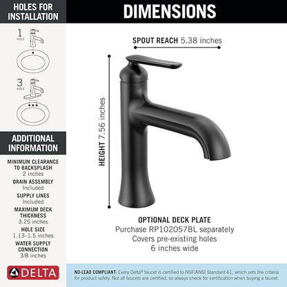 Delta Bonacci Matte Black Bathroom Faucet 1 Hole, Single Hole Bathroom Sink Faucet for Vanity, Metal Push-Pop Drain Assembly, Matte Black 545-BL-DST