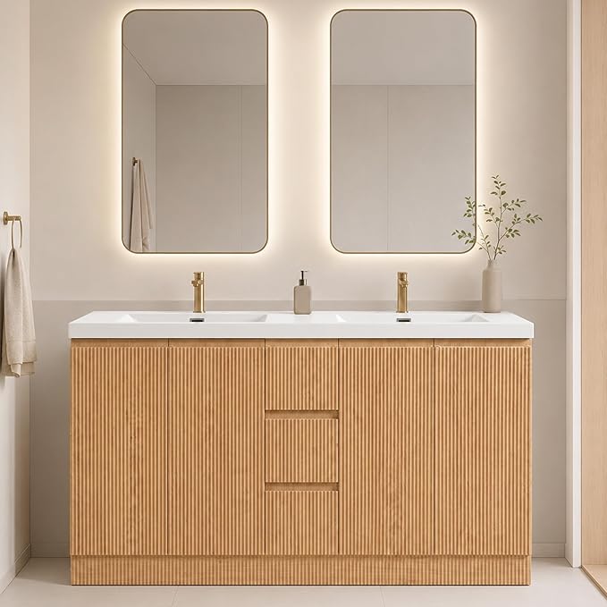60 Inch Double Bathroom Vanity with SMC Resin Sink, Wood | 3 Drawers & 4 Soft-Close Doors, 1.9-inch Countertop,Multilayer Plywood, Brushed Nickel Hardware for Hotels, Apartments