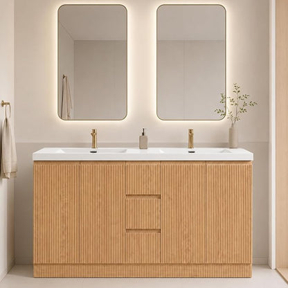 60 Inch Bathroom Vanity with Sink, Modern Fluted Freestanding Vanity | 4 Soft Closing Doors & 3 Drawers, Double Sink Waterproof Lacquer Finish for Master Bathroom & Family Home