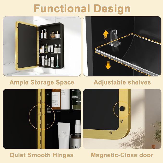 16x24 in Brushed Gold Medicine Cabinet with Mirror for Bathroom | Fully Assembled; Recessed or Surface Wall Mount; Metal Cabinet with Tempered Glass Mirror and Two Adjustable Glass Shelves