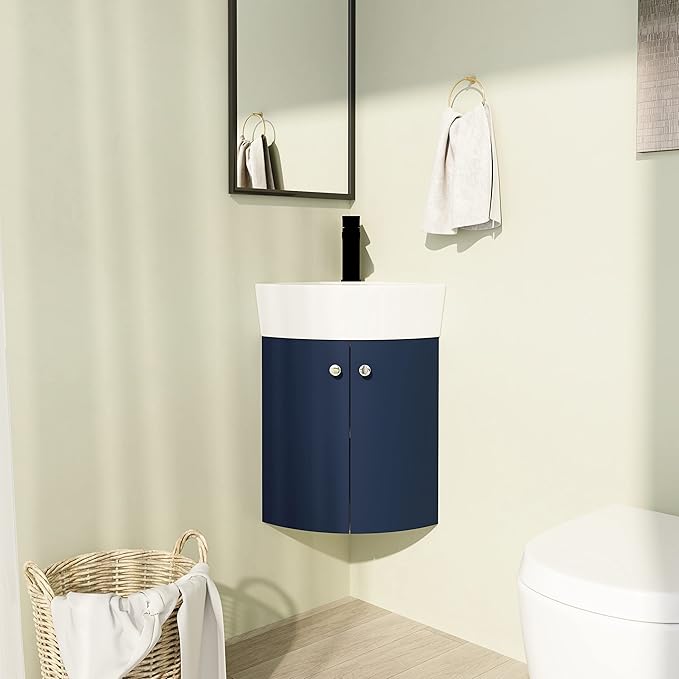 13" Bathroom Vanity with Sink, 13 Inch Floating Bathroom Vanity for Small Space, Modern Bathroom Vanity, Blue Wall Mounted Cabinet Set NB-053