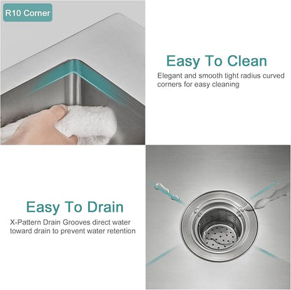 Brushed Topmount Kitchen Sink - 22”×18” Single Bowl Sink | 9 Inch Deep Handmade Bar Sink with Strainer, Stainless Steel 304, Center Drain, X-Groove Drainage, Sound-Dampening Pad