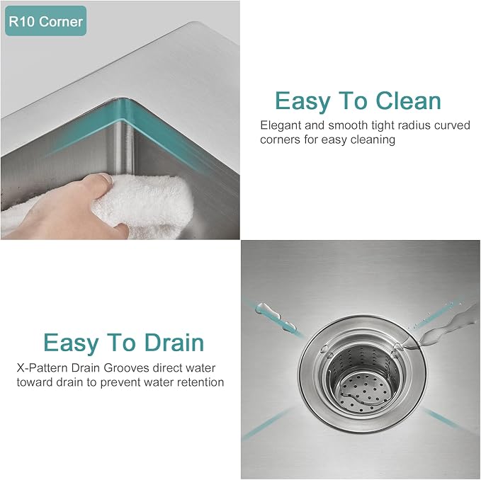 Brushed Topmount Kitchen Sink - 24”×18” Single Bowl Sink | 9 Inch Deep Handmade Bar Sink with Strainer, Stainless Steel 304, Center Drain, X-Groove Drainage, Sound-Dampening Pad