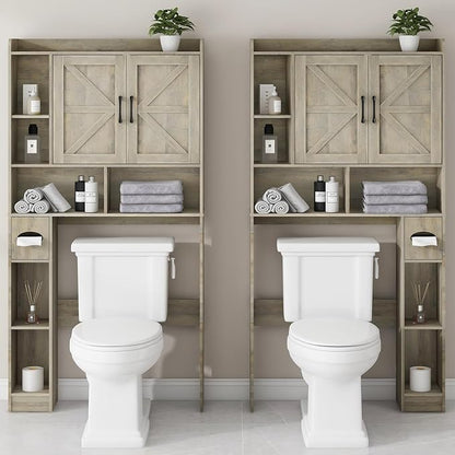 Vabches Over The Toilet Storage Cabinet with 2 Barn Doors, Grey | Farmhouse Storage Cabinet with Toilet Paper Holder Stand，Home Space-Saving Toilet Rack, for Bathroom, Restroom, Laundry