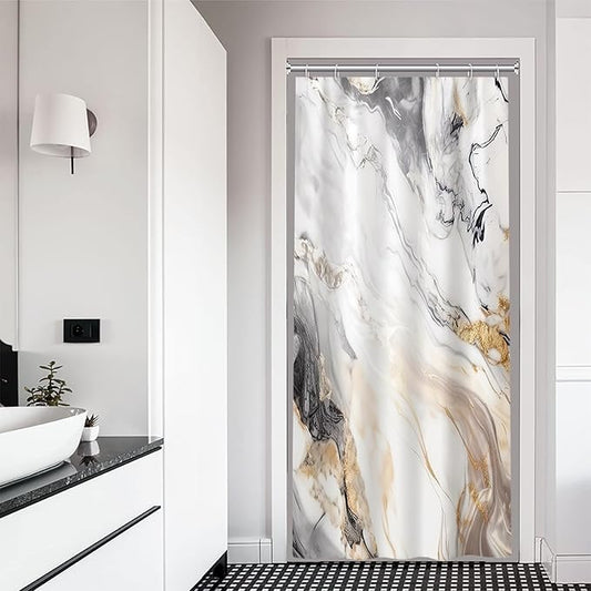 Stall Shower Curtain, Grey and White Marble Small Shower Curtain Modern Waterproof Shower Curtain Set with Hooks, 36x72 Inch