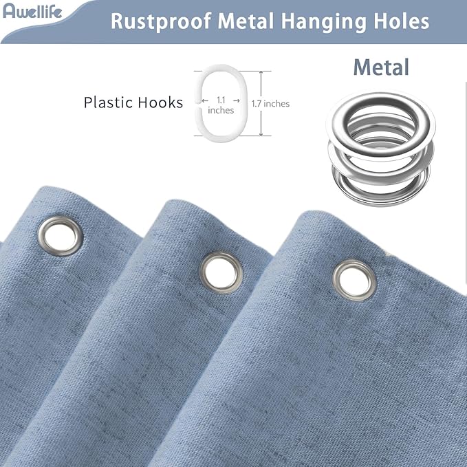 Linen Shower Curtain Blue Grey, Fabric Boho Farmhouse Shower Curtains for Bathroom Cotton Natural Cloth Liner Set 72" W x 72" L