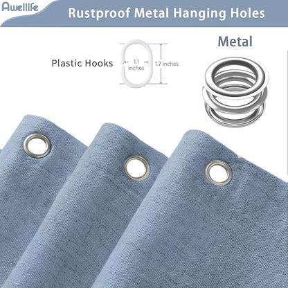 Linen Shower Curtain Blue Grey, Fabric Boho Farmhouse Shower Curtains for Bathroom Cotton Natural Cloth Liner Set 72" W x 72" L