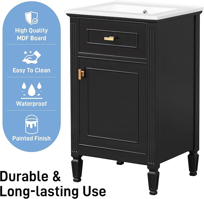 GDFStudio Hawthorne 20" Modern Bathroom Vanity with Sink, Freestanding Bathroom Vanity Organizer with Tilt Out Drawer, Adjustable Shelf and Solid Wood Legs, Single Sink Bathroom Vanity, Black