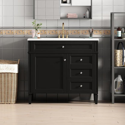 Merax 36'' Bathroom Vanity Without Top Sink, Solid Rubberwood Frame Cabinet | Modern Bathroom Vanity Storage Cabinet with 2 Drawers, Tip-out Drawer, Adjustable Shelf, Soft Closing Doors, Black