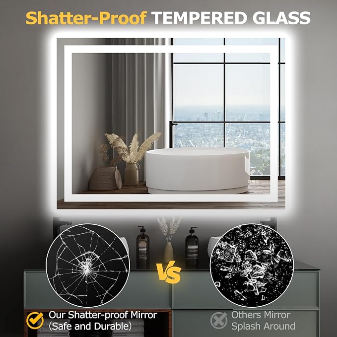 Hivone 48"X36" LED Bathroom Mirror with Lights, Anti-Fog, Dimmable, Backlit + Front Lit, Smart Bathroom Vanity Mirror, Memory Function, Shatterproof, Tempered Glass (Horizontal/Vertical)