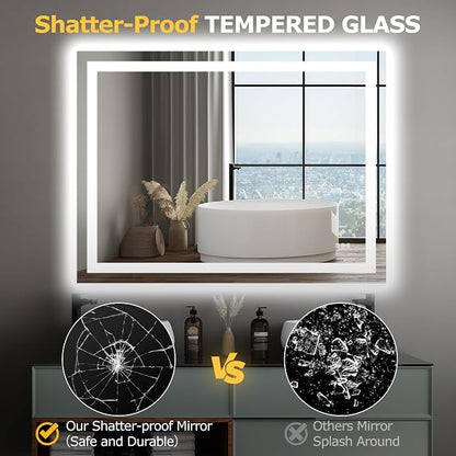Hivone 48"X36" LED Bathroom Mirror with Lights, Anti-Fog, Dimmable, Backlit + Front Lit, Smart Bathroom Vanity Mirror, Memory Function, Shatterproof, Tempered Glass (Horizontal/Vertical)
