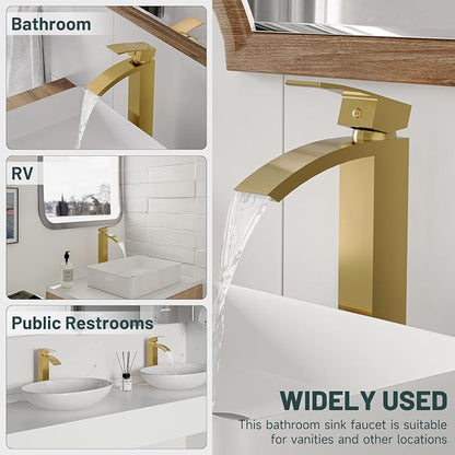 Brushed Gold Vessel Sink Faucet, Waterfall Bathroom Faucets | Brass, Tall Spout, Single Handle 1 Hole Bathroom Faucet, Modern Basin Taps with Supply Line, Pop Up Drain, Without Overflow