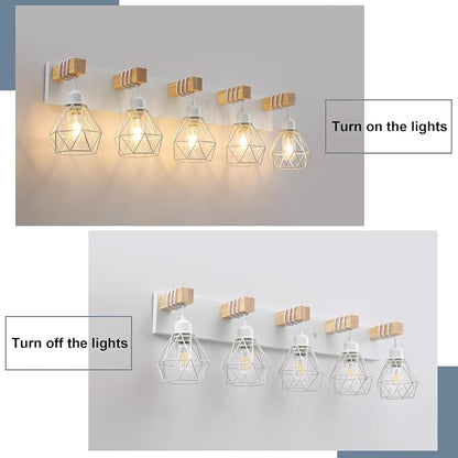 VbiTmn Bathroom Light Fixtures,5 Light White Farmhouse Wood Vanity Lights | Rustic Design, Diamond Metal Shades, Easy to Install, Wall Sconces for Bathroom, Bedroom, Makeup Area, Over Vanity Mirror