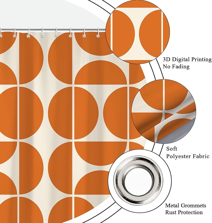 Orange Mid Century Modern Shower Curtain, Retro Geometric Abstract Shower Curtains for Bathroom‌, Boho Unique Pattern Waterproof Polyester Fabric Bathroom Accessories Set 12 Hooks 72X72IN