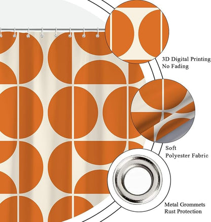 Orange Mid Century Modern Shower Curtain, Retro Geometric Abstract Shower Curtains for Bathroom‌, Boho Unique Pattern Waterproof Polyester Fabric Bathroom Accessories Set 12 Hooks 72X72IN