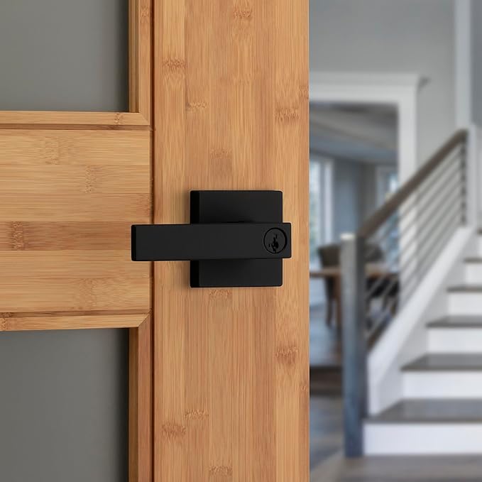 Kwikset Singapore Entry Door Handle with Lock and Key, Secure Keyed Reversible Lever Exterior, For Front Entrance and Bedrooms, Matte Black, Pick Resistant Smartkey Rekey Security and Microban, 4 Pack