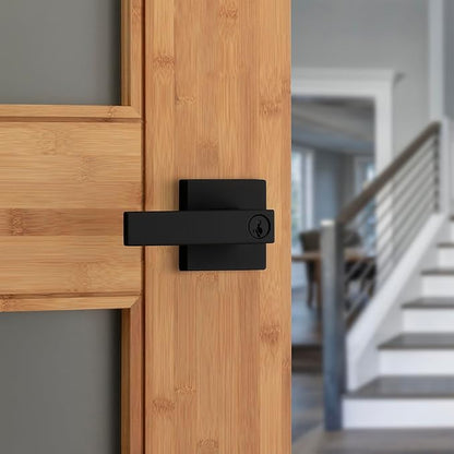 Kwikset Singapore Entry Door Handle with Lock and Key, Secure Keyed Reversible Lever Exterior, For Front Entrance and Bedrooms, Matte Black, Pick Resistant Smartkey Rekey Security and Microban, 4 Pack