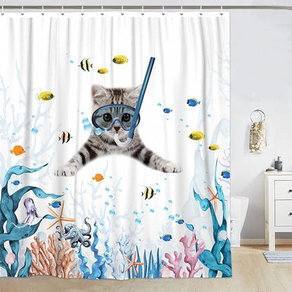 Funny Cat Shower Curtain,Cute Cat Teal Blue Sea OceanShower Curtain Set,Underwater Animal Fabric Shower Curtains for Bathroom with Hooks 72X72inches