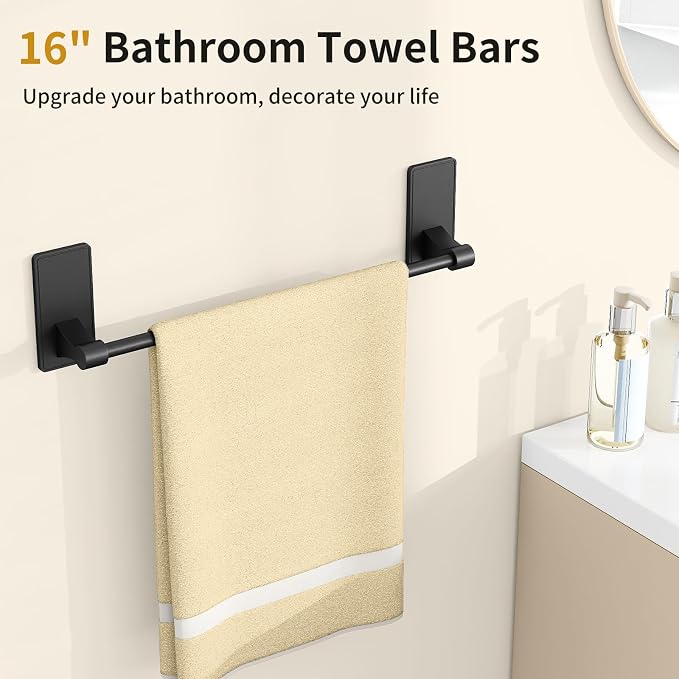 4 Pieces Bathroom Hardware Set, Stainless Steel Bathroom Accessory Set, 16 Inch Bath Towel Bar Set Self Adhesive Towel Racks for Bathroom Wall Mounted，Matte Black