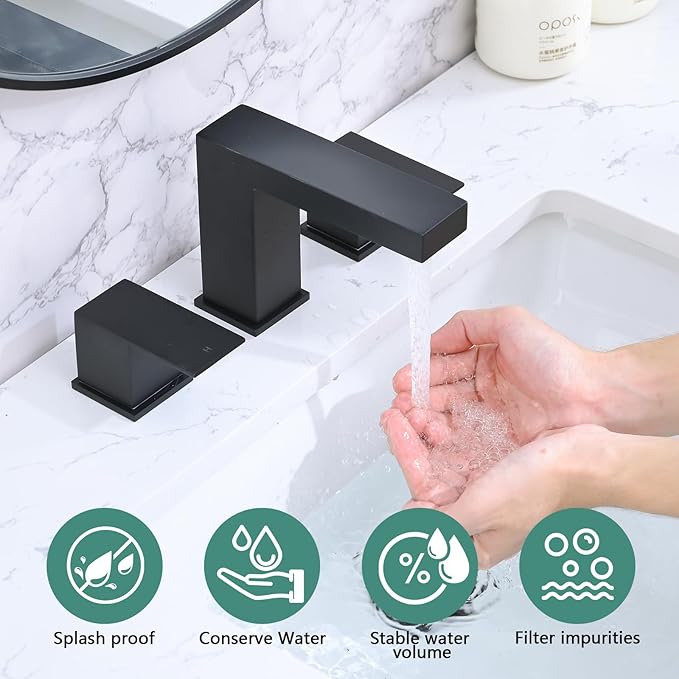Bathroom Faucet 3 Hole, 8 Inch Widespread Bathroom Sink Faucets, 2 Handle Bathroom Faucets for Sink, Modern Rv Lavatory Vanity Faucet with Pop Up Drain and Supply Hoses, Matte Black