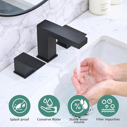Bathroom Faucet 3 Hole, 8 Inch Widespread Bathroom Sink Faucets, 2 Handle Bathroom Faucets for Sink, Modern Rv Lavatory Vanity Faucet with Pop Up Drain and Supply Hoses, Matte Black