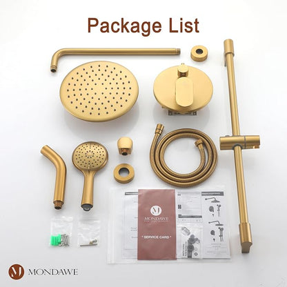 MONDAWE 9 Inch Wall Mounted Shower Faucet Set with Tub Spout in Brushed Gold, Rainfall Shower Head with 3-Setting Handheld Spray Shower Combo, High Pressure Shower System with Solid Brass Valve