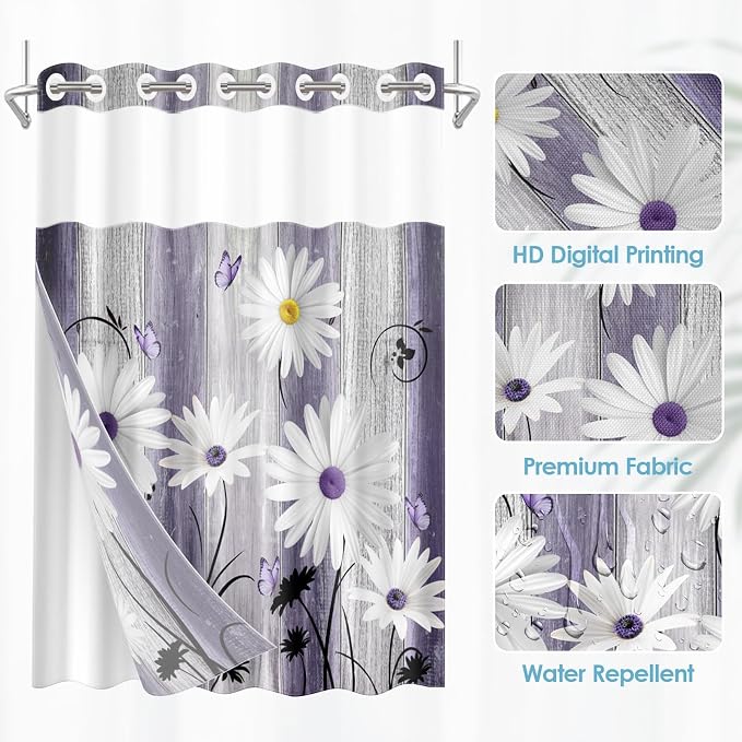 No Hook Shower Curtain with Snap in Liner 54x80 Inch Flower Daisy | Purple Wooden Boards Modern Double Layers Waterproof Fabric with See Through Top Window Open Grommet Bath Curtain