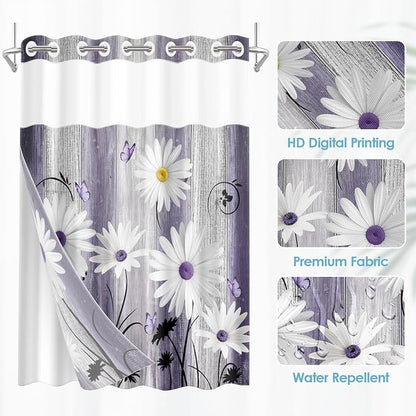 No Hook Shower Curtain with Snap in Liner 54x80 Inch Flower Daisy | Purple Wooden Boards Modern Double Layers Waterproof Fabric with See Through Top Window Open Grommet Bath Curtain