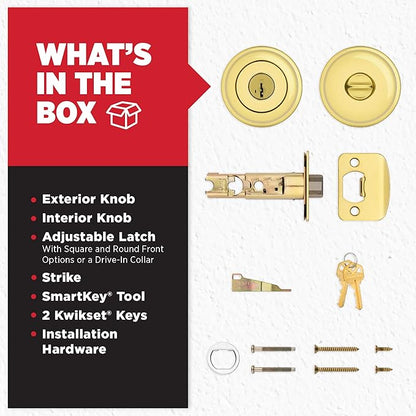 Kwikset Juno Entry Door Knob with Lock and Key, Secure Keyed Handle Exterior, Front Entrance and Bedroom, Polished Brass, Pick Resistant SmartKey Rekey Security