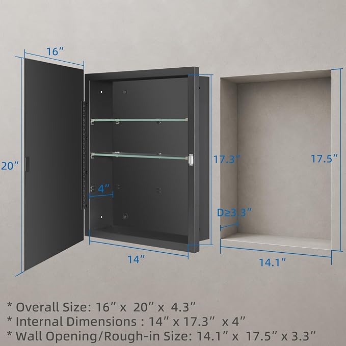 IDYLLOR Black Bathroom Medicine Cabinet with Beveled Edge Mirrored Door 16 x 20 inch, Recessed or Surface Mount, with Adjustable Glass Shelves