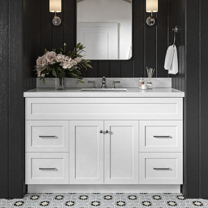 DKB Bradford 54" White Bathroom Vanity, 1.5" Edge Italian Carrara Marble Countertop, Rectangular Undermount Sink, 2 Soft Closing Doors, 4 Dovetail Drawers