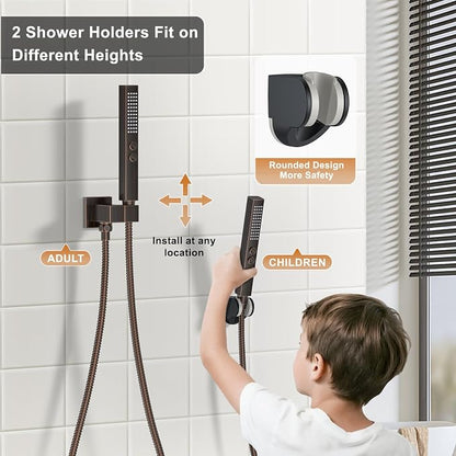 Rain Shower System 12" & 6" Dual Shower Heads Ceiling Shower Faucet Set | Ideal for bathroom remodels and upgrades with 12" rain shower, 6" angled shower, handheld spray and complete valve kit.