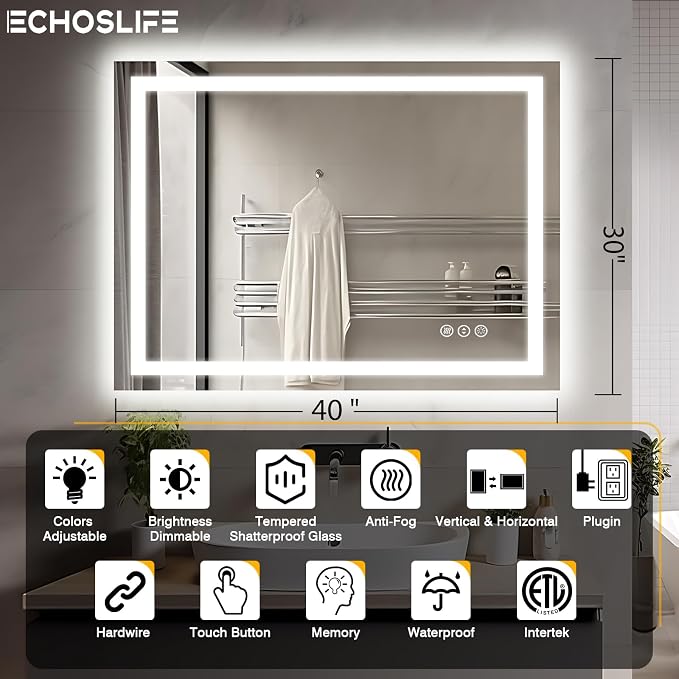 EchosLife 40"x30" LED Lights Bathroom Mirror | Backlit + Front Lit, Anti-Fog, Stepless Dimmable, 3 Colors, Memory, Tempered Glass, UL Listed, Horizontal/Vertical