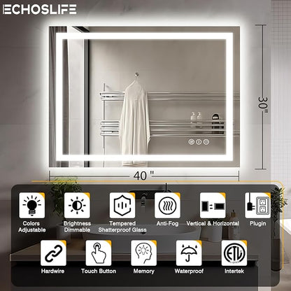 EchosLife 40"x30" LED Lights Bathroom Mirror | Backlit + Front Lit, Anti-Fog, Stepless Dimmable, 3 Colors, Memory, Tempered Glass, UL Listed, Horizontal/Vertical