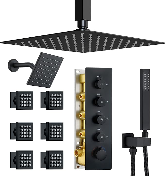 Dasan Thermostatic Dual Shower Head System with 6 Body Jets, 6-Inch Shower Head & 16” Rainfall Shower, Luxury Matte Black Shower Faucet Set Rain Shower Head System for Couples/ 2-Person