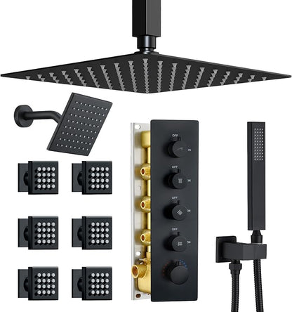 Dasan Thermostatic Dual Shower Head System with 6 Body Jets, 6-Inch Shower Head & 16” Rainfall Shower, Luxury Matte Black Shower Faucet Set Rain Shower Head System for Couples/ 2-Person