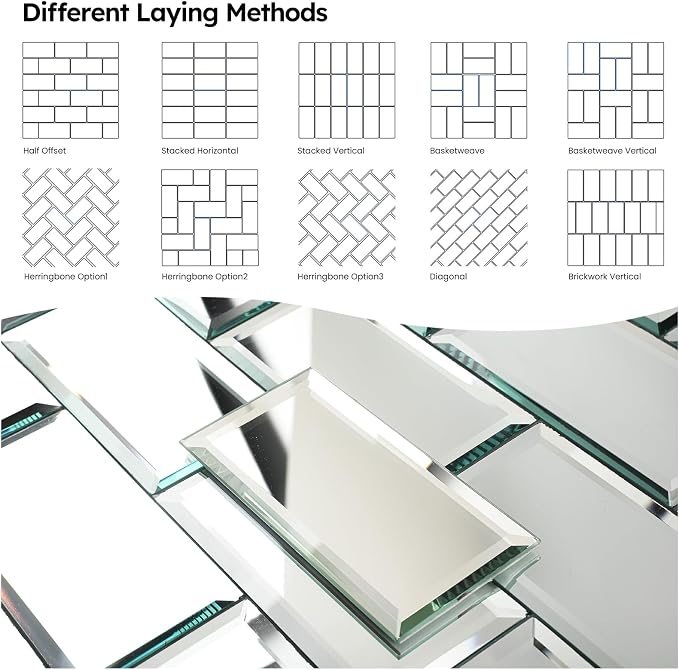 Peel and Stick Mirror Backsplash, Silver, 4x8 Inch, Beveled Mirror Subway Kitchen Bar Wall Tile (5.8 Sq.ft, 26 Pcs)