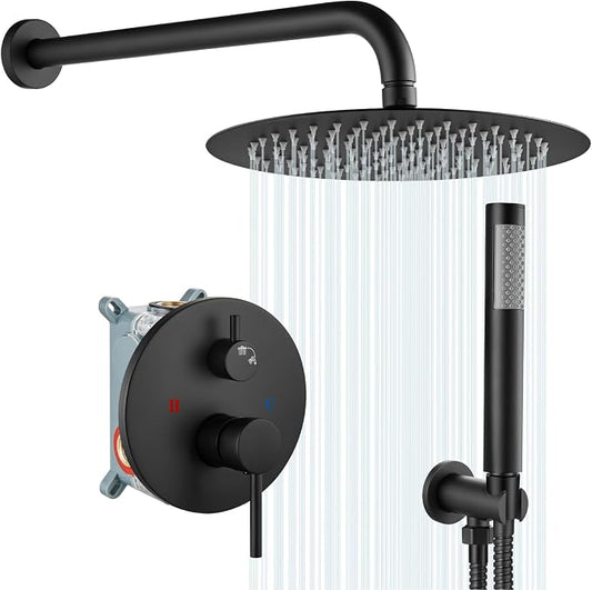 gotonovo Shower Faucet Set with Rough-in Valve Trim Kit,Matte Black | 10 Inch Round Rain Showerhead with Handheld Spray,Bathroom Wall Mount Shower System Complete Combo,2-in-1 Diverter,All Metal